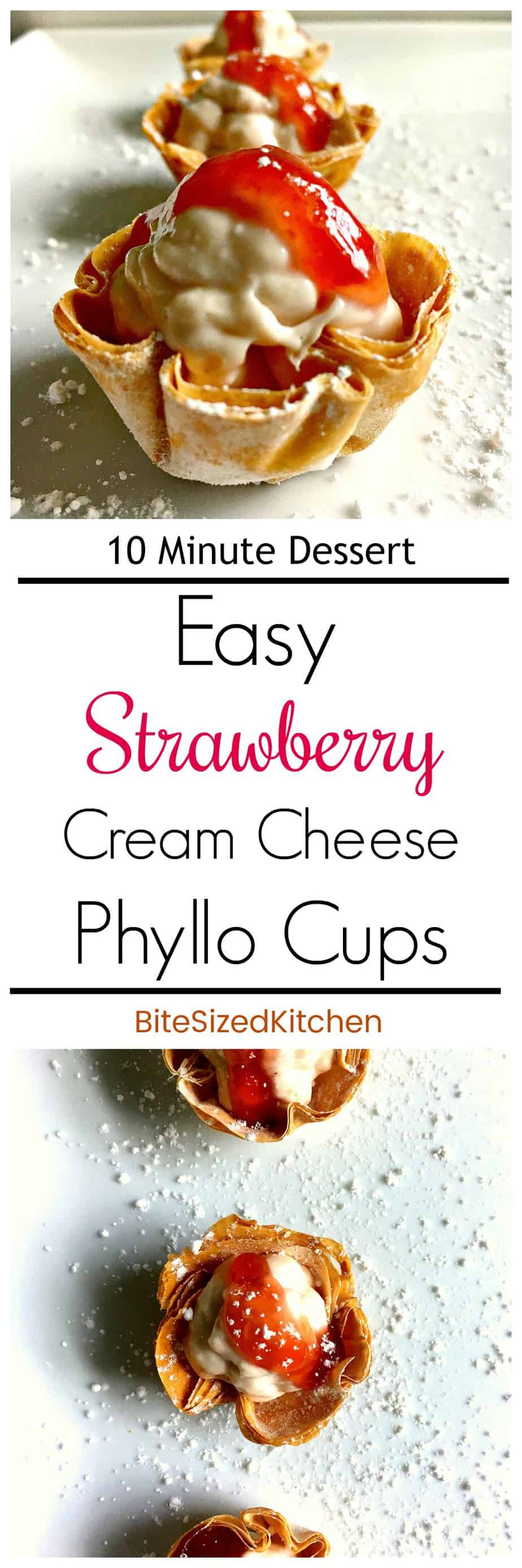 Simple Easy Phyllo (Filo) Cups filled with Strawberries and Cream Cheese. A cute mini bite-sized dessert perfect for a party!