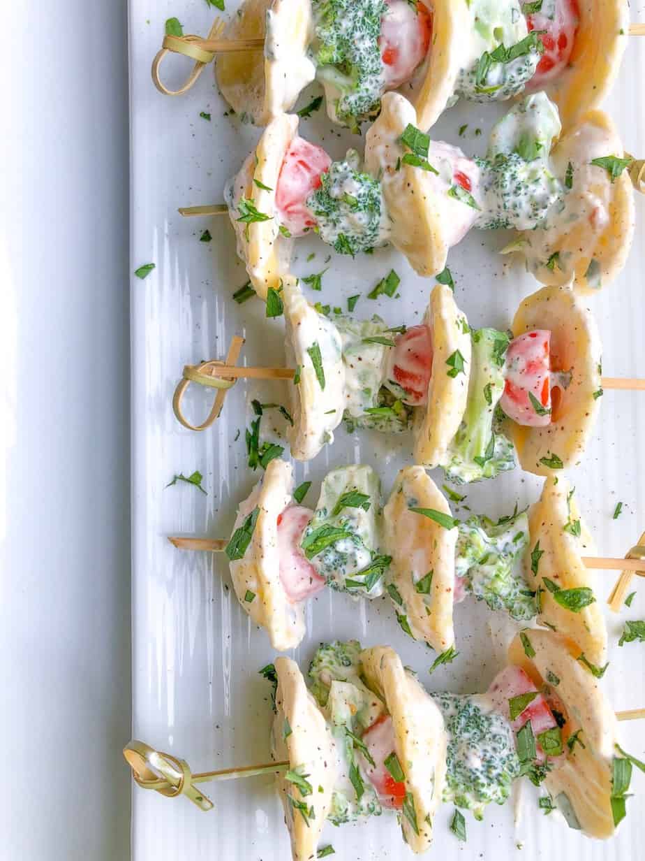Creamy Summer Cold Pasta Salad Appetizer Recipe | Easy Cold Pasta Salad Recipe | Pasta Salad Skewers Sticks | Broccoli and Tomato Pasta Salad | Cold Easy Summer Party Appetizer