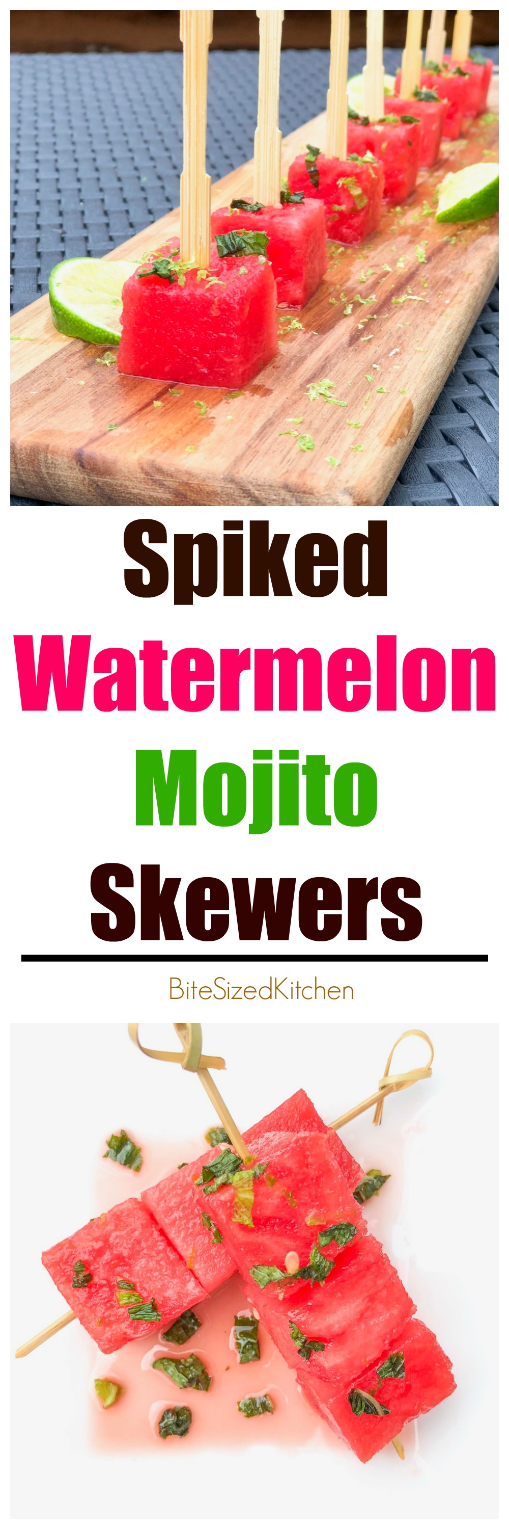 Boozy spiked watermelon mojito skewers are soaked in rum, mint and lime juice. These are perfect for the summer time!