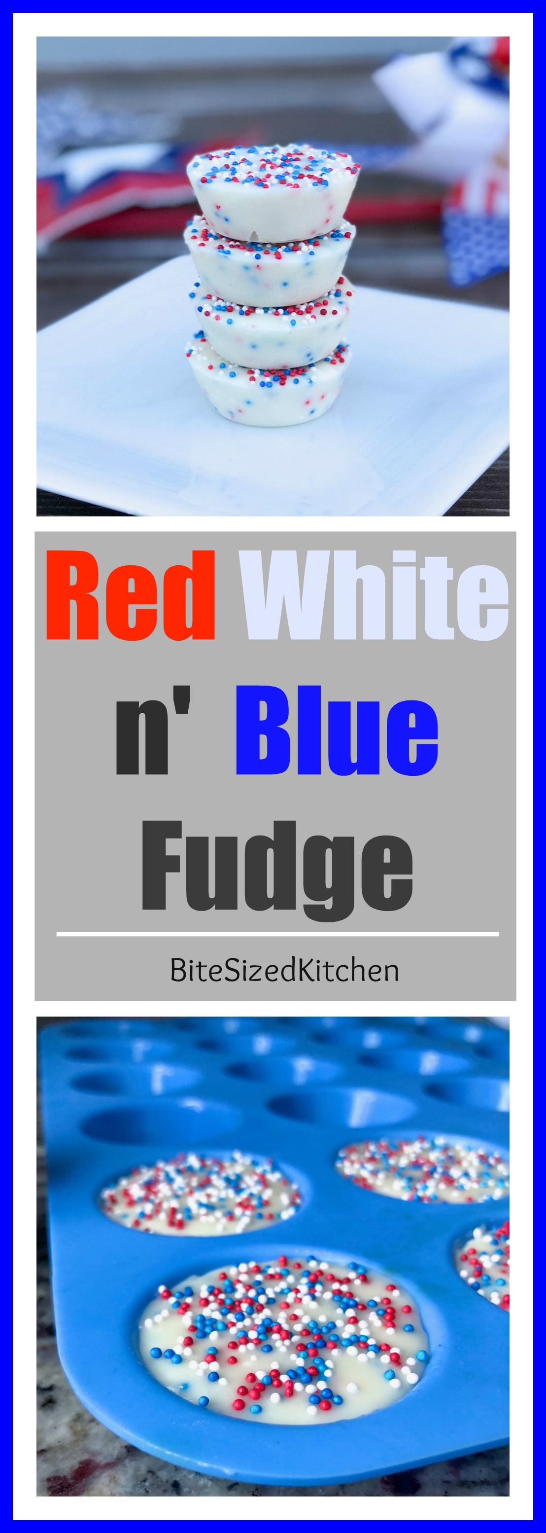 Easy red white and blue fudge dessert! Perfect for the 4th of July! This fudge is made using the microwave and NO condensed milk! A fun patriotic dessert!