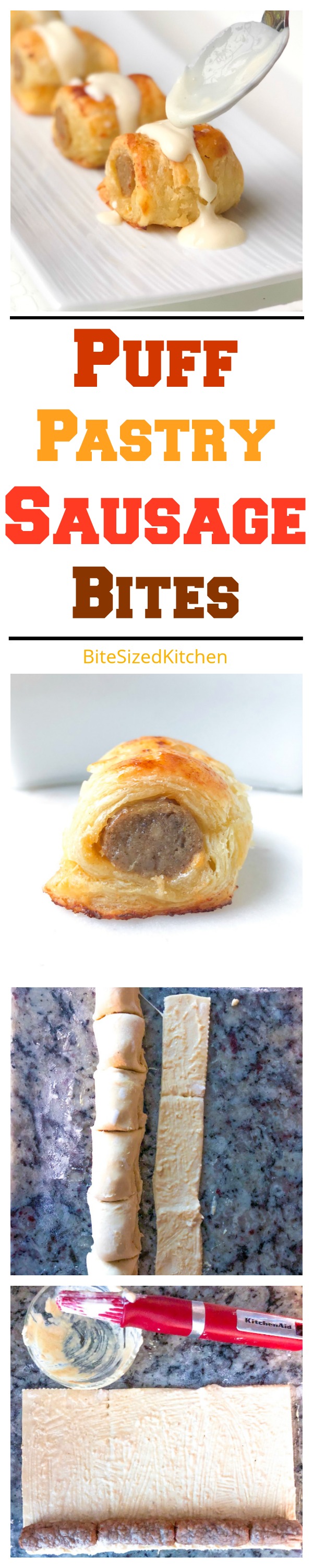 Savory puff pastry sausage bites are the ideal finger food appetizer recipe! These are a perfect make ahead bite size appetizer. for any party. Instead of hot dogs or crescent dough, these rolls are made with sausage and served with a creamy sauce!