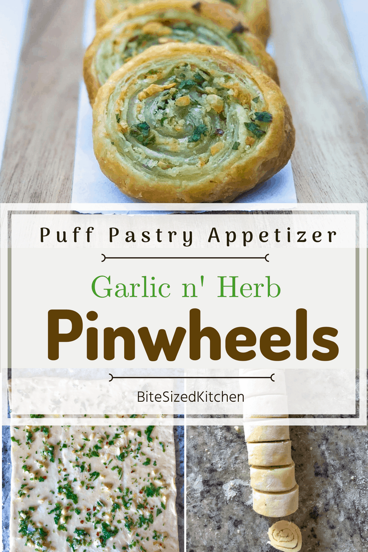 These easy puff pastry dough pinwheels are the perfect appetizer food for all parties! They are savory, herby and garlicky and can also be served with dinner!