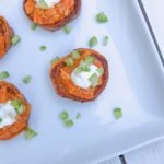 These Roasted Buffalo Chicken Sweet Potato Rounds are an easy make ahead game day appetizer! Football games or thanksgiving, these are the best recipe for entertaining, holiday or a Superbowl party.