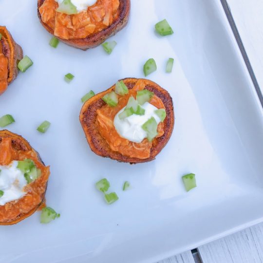 These Roasted Buffalo Chicken Sweet Potato Rounds are an easy make ahead game day appetizer! Football games or thanksgiving, these are the best recipe for entertaining, holiday or a Superbowl party.