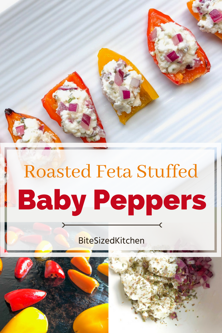 These roasted baby peppers stuffed with feta are a delicious and easy veggie appetizer for any party! I like to make them ahead and serve them cold for a fun finger food and simple crowd pleaser! Bite size and quick to make!