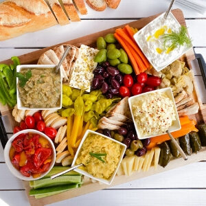 Greek appetizer board with spreads