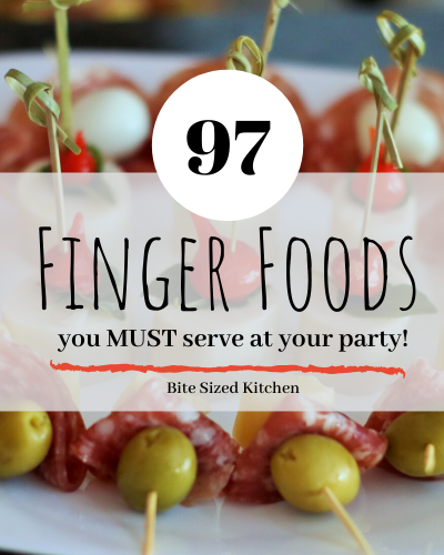 skewered salami cheese and olives on a plate with test overlap "97 finger foods you must serve at your party!"