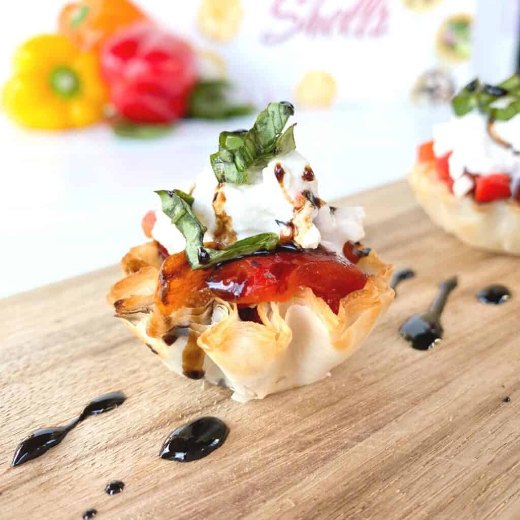 phyllo cup cold appetizer cups with buratta and peppers