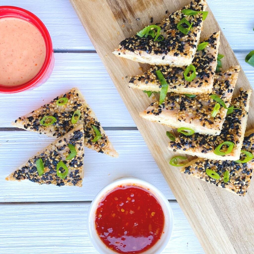 Crispy Chinese shrimp toast with dipping sauces.